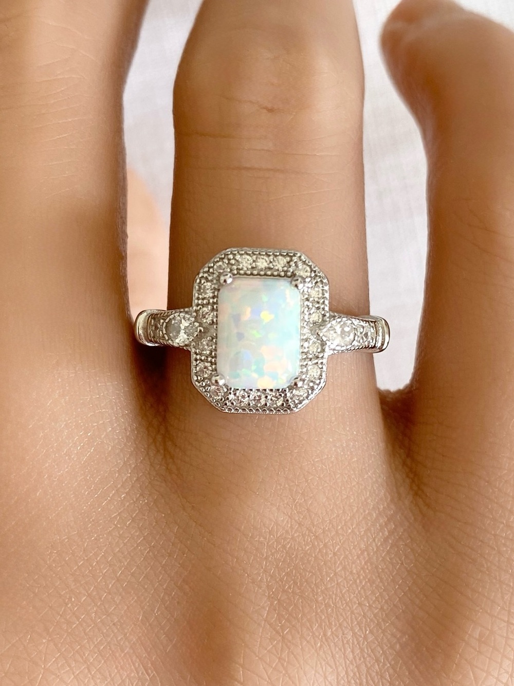 Radiant White fire Opal Vintage Design Halo CZ Sterling Silver Women’s Ring